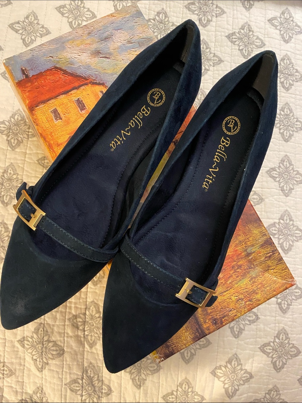 Bella Vita Navy Suede Pointed Flats with Gold Buckle Accent